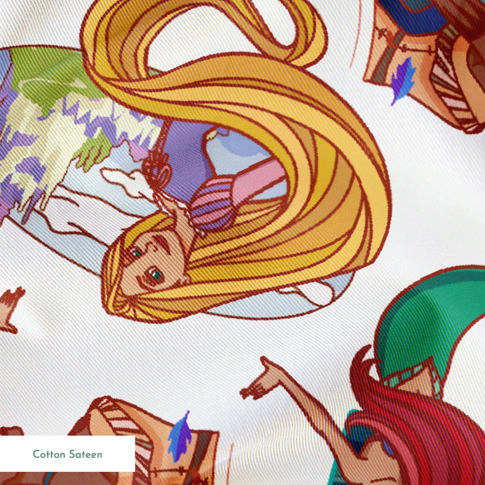 Colorful illustrated pattern of Disney princesses with curved decorative elements on white background springs sateen texture