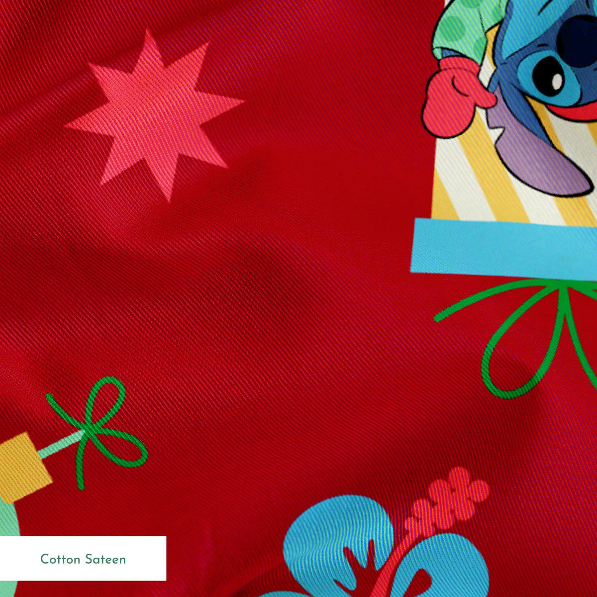 Disney Stitch pattern on red background with flowers and decorative elements springs sateen texture