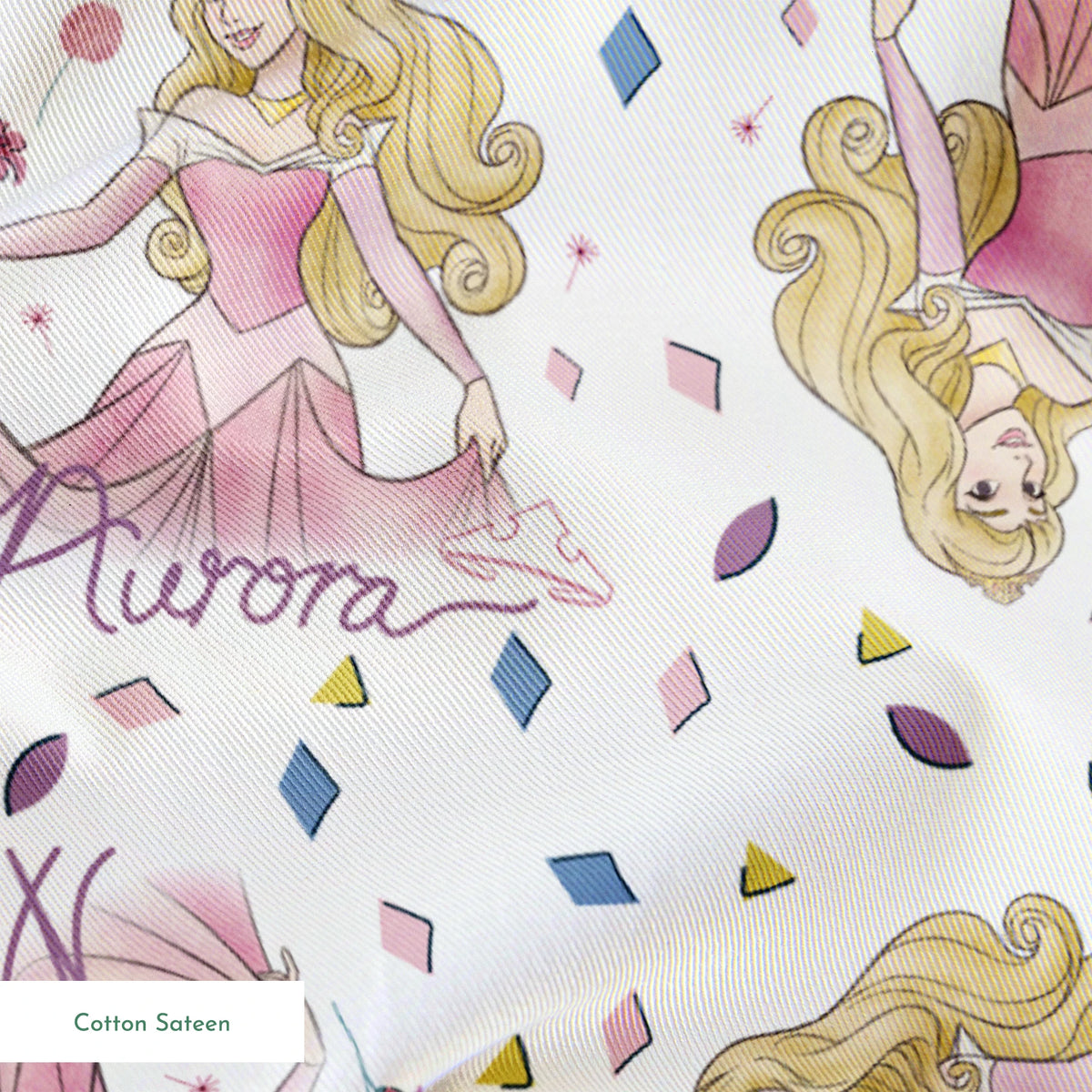 Pattern of Sleeping Beauty, surrounded by colorful diamond shapes on white background springs sateen texture