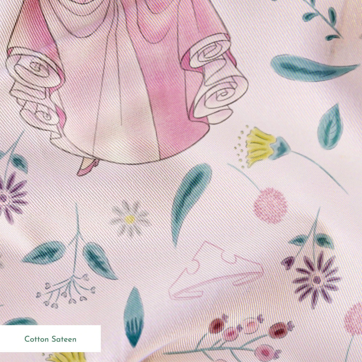 Disney's Sleeping Beauty surrounded by scattered flowers and leaves on light pink background springs sateen texture