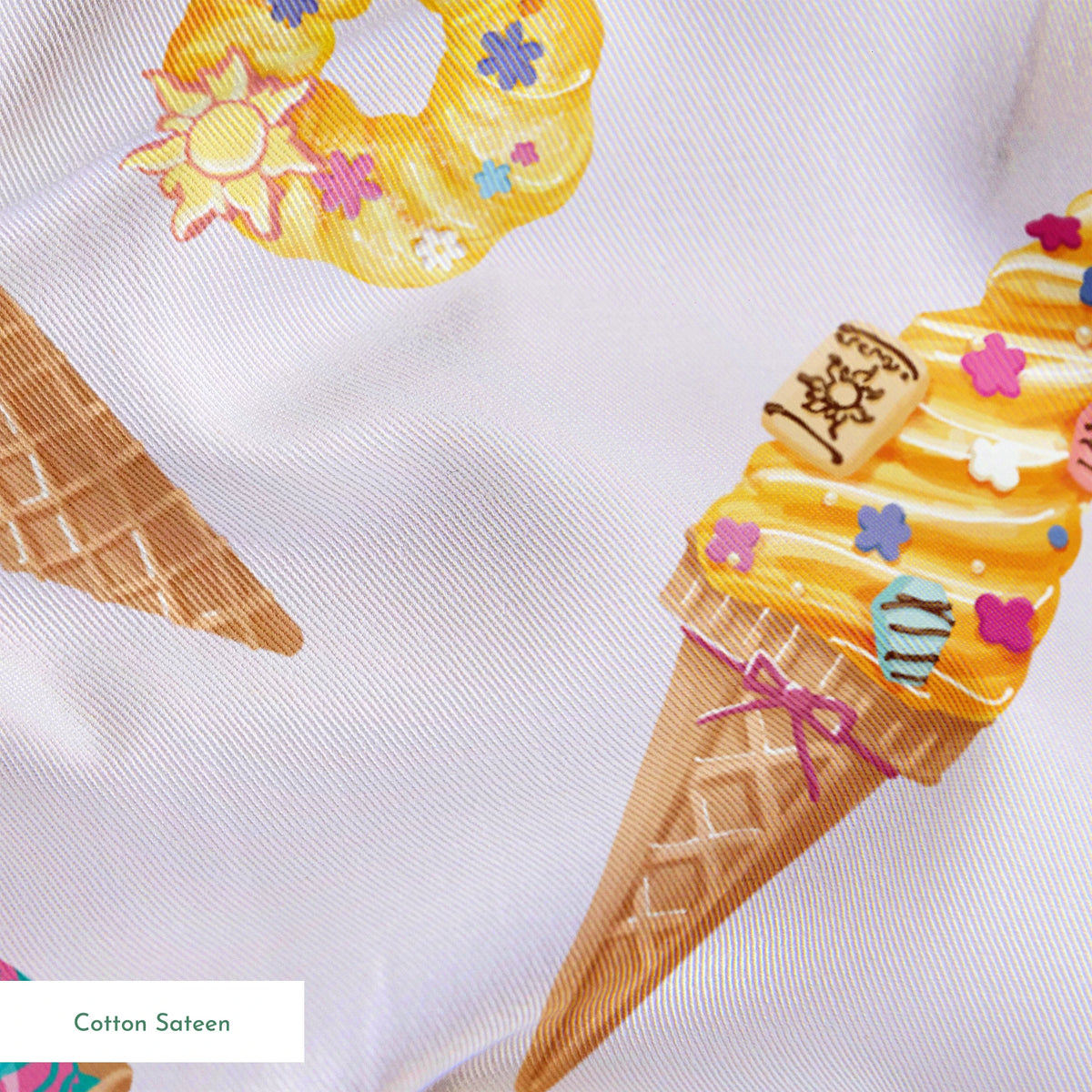 Colorful Disney Princess-inspired ice cream cones and donuts in pastel colors on light purple background springs sateen texture