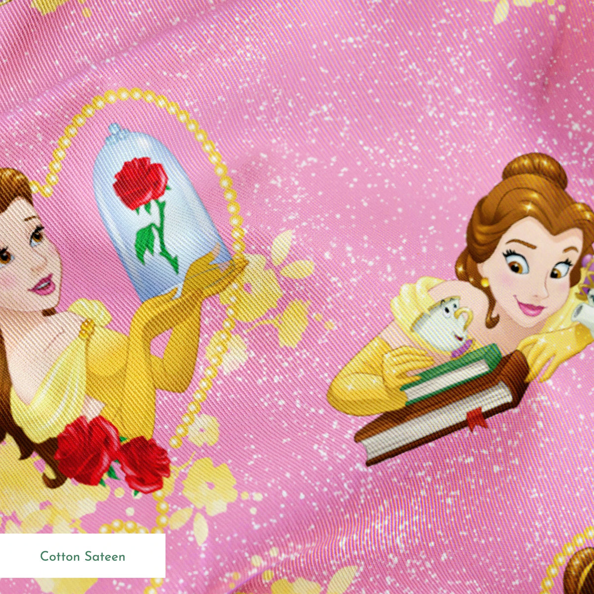 Repeating pattern of Disney's Belle character with enchanted rose and books on pink sparkly background springs sateen texture