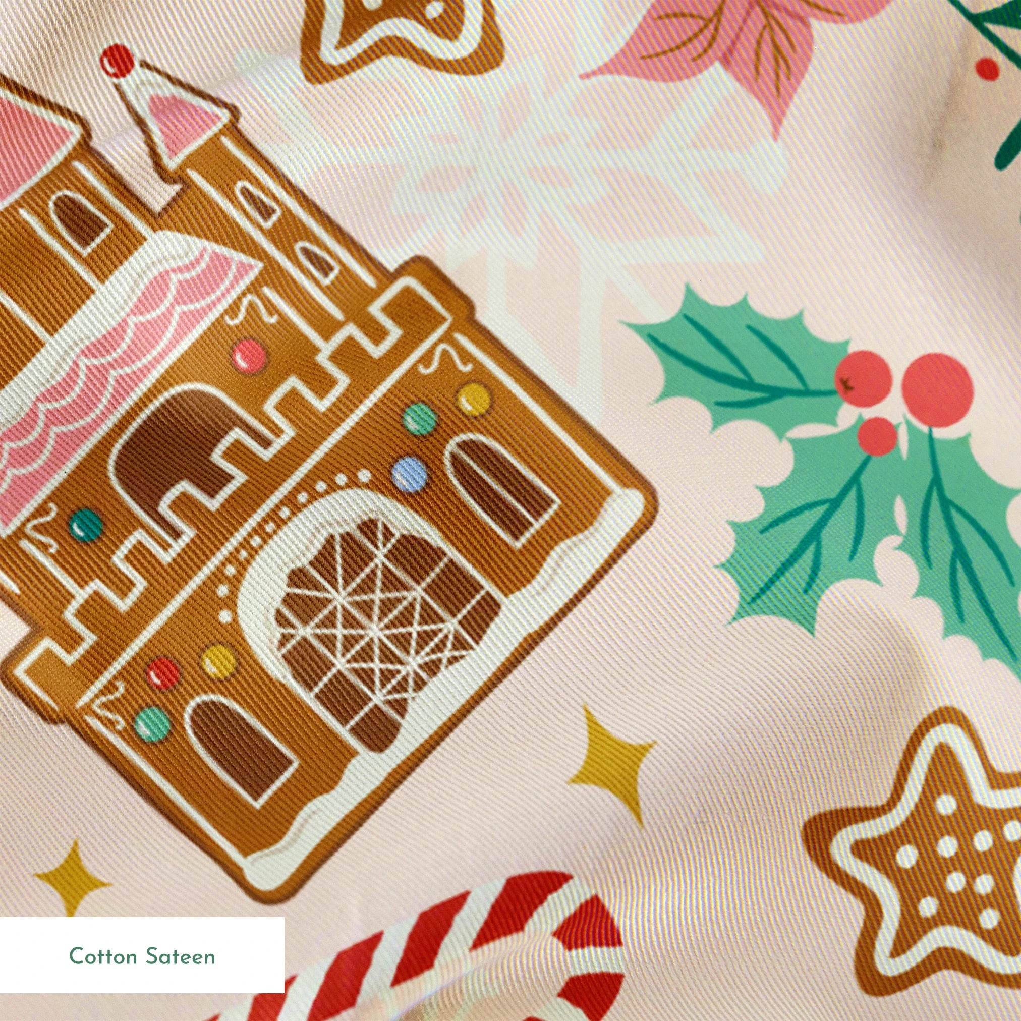 Disney Christmas pattern with gingerbread castles, carriages, candy canes, stars, and pine sprigs in holiday colors springs sateen texture