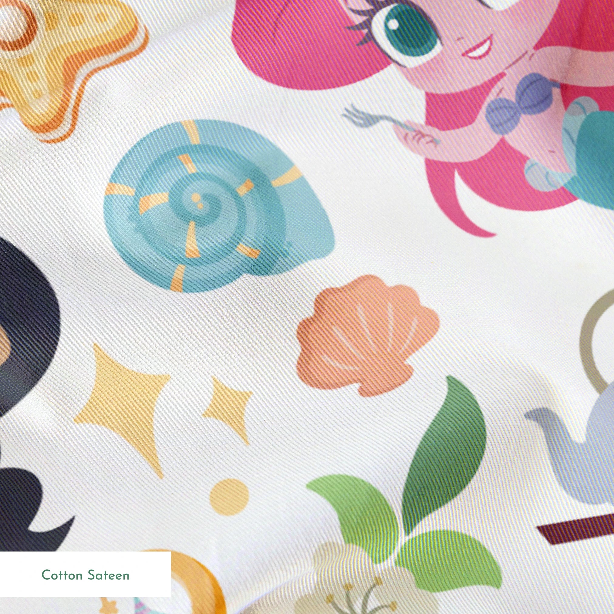 Disney Princess pattern with iconic characters, teapots, shells, sweets and gift boxes on white background springs sateen texture