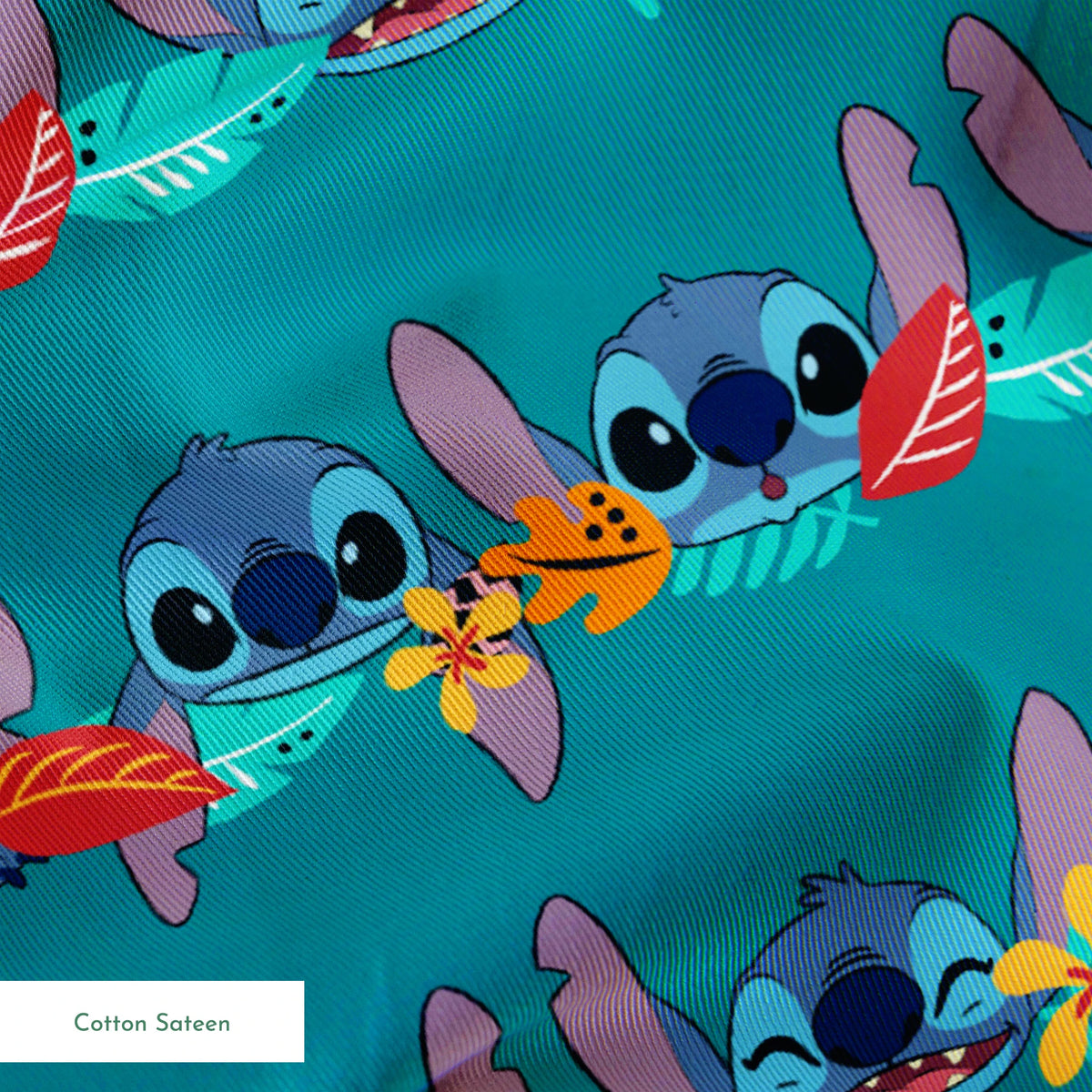 Repeating stripe design with Disney’s Stitch peeking between rows of tropical hibiscus flowers and colorful leaves on a teal background. springs sateen texture