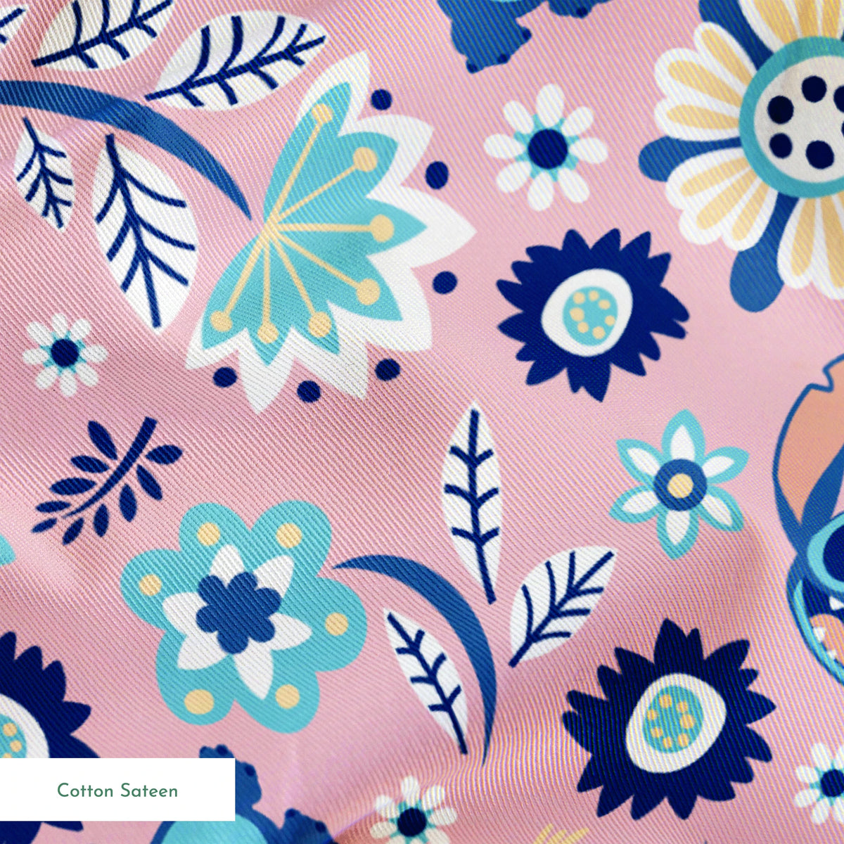 Floral pattern with Disney's Stitch, white daisies, and mint green accents on pink background springs sateen texture