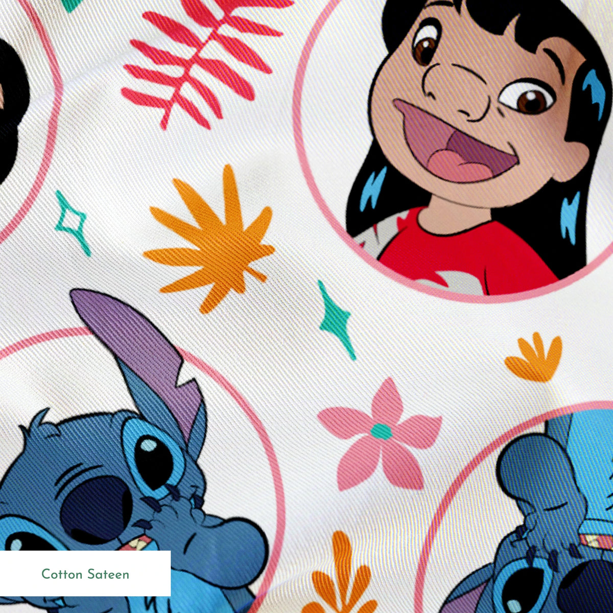 Colorful cartoon pattern with Lilo and Stitch in circles, surrounded by tropical leaves and stars springs sateen texture