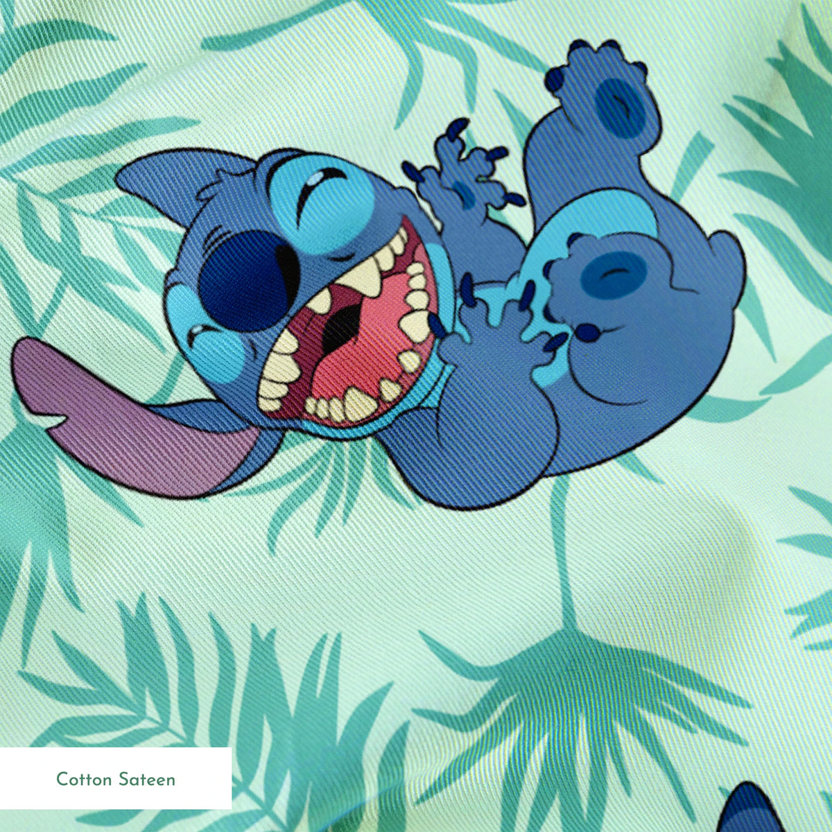 Blue cartoon alien character Stitch in various playful poses against mint green tropical leaf pattern background springs sateen texture