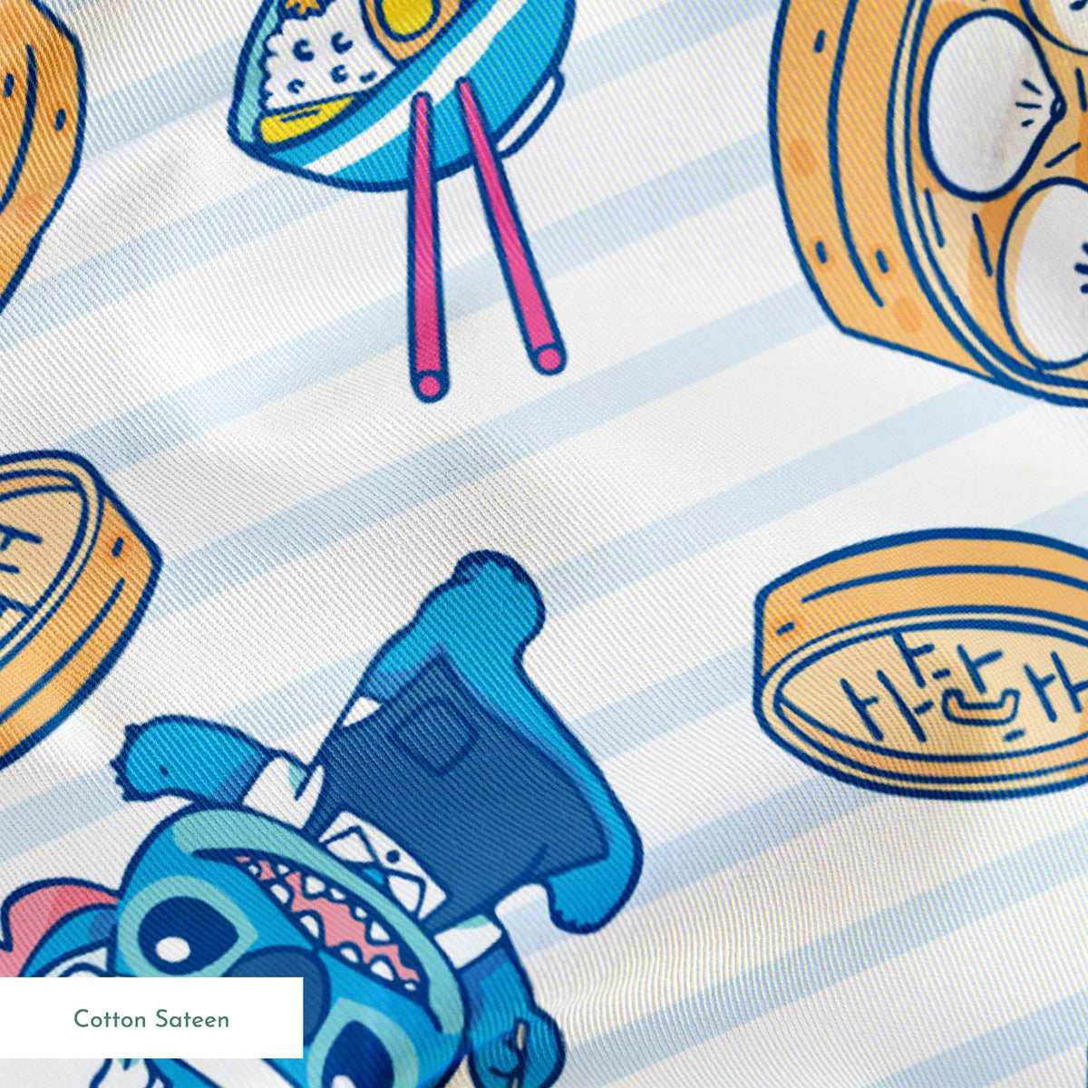 Cartoon Stitch with Chinese dim sum and dumplings on light blue striped background springs sateen texture