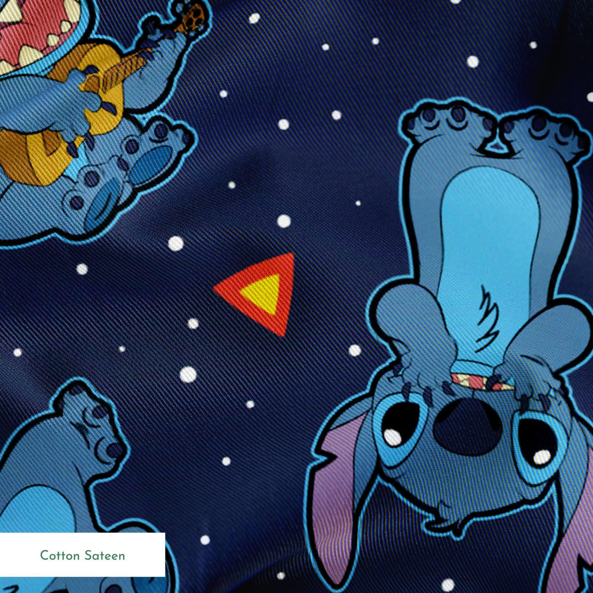 Disney's Stitch floating in space with planets, stars, and spaceships on dark background pattern springs sateen texture