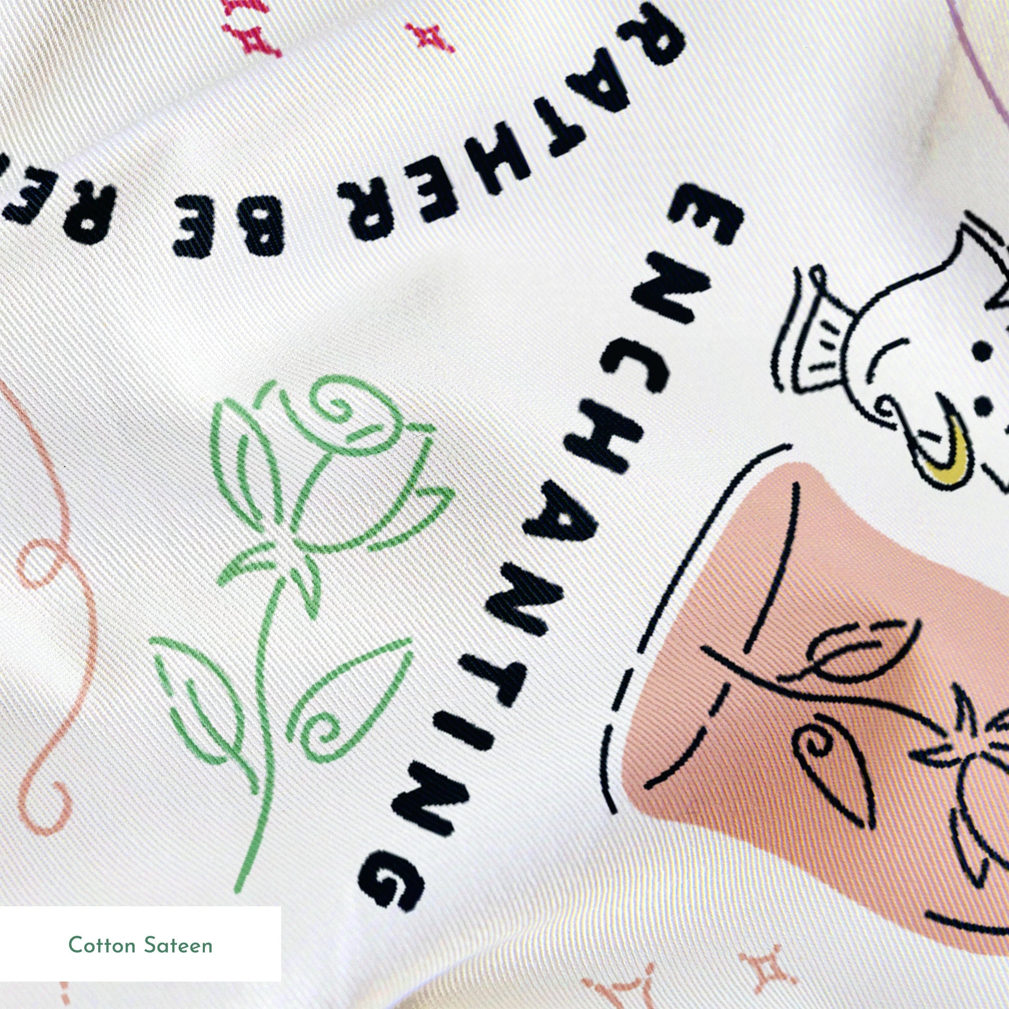 Pattern of cartoon princess in yellow dress with roses, perfume bottles, and phrases like "Enchanting" and "I'd rather be dreaming springs sateen texture