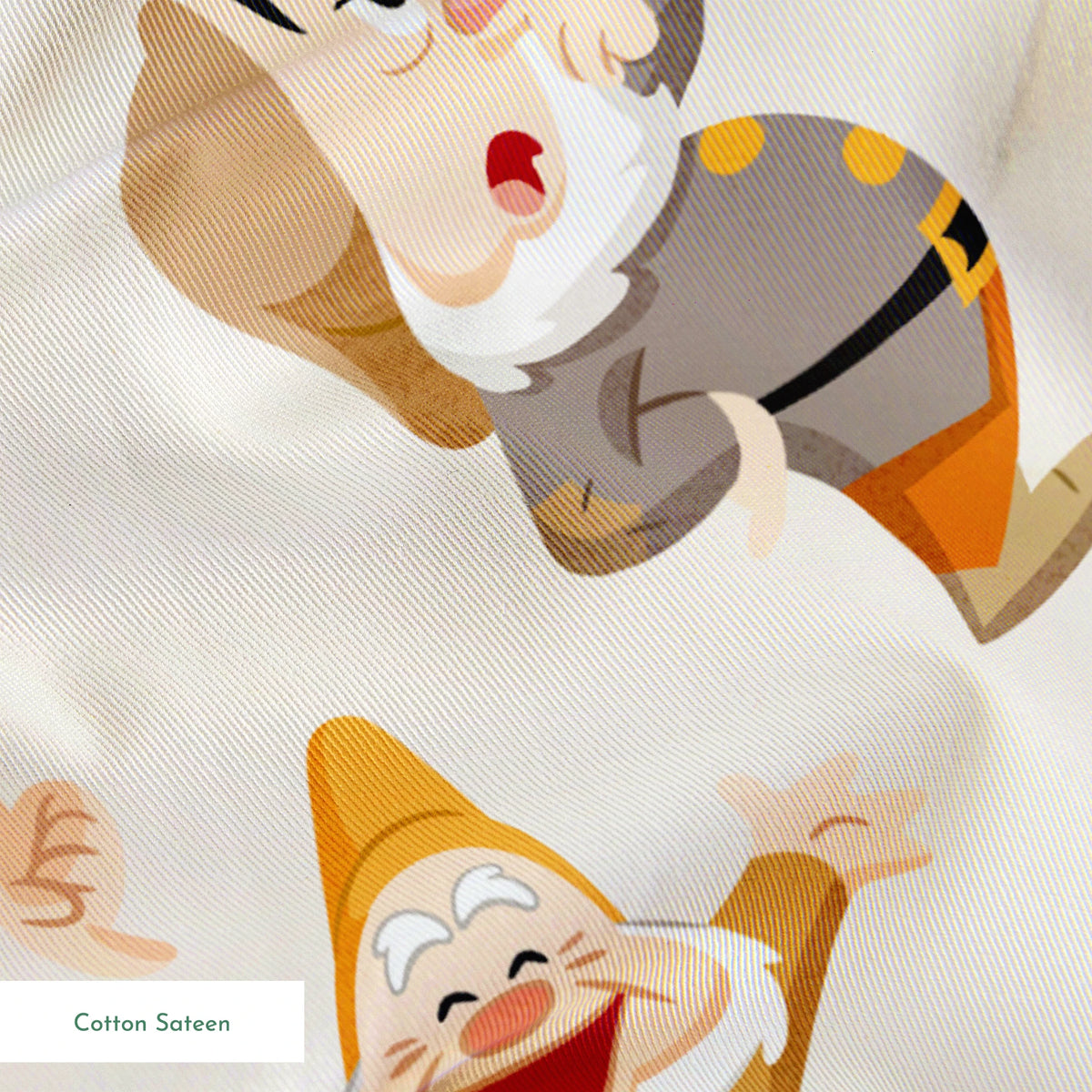 Colorful pattern of small cartoon dwarfs in different colored outfits and hats scattered on cream background springs sateen texture