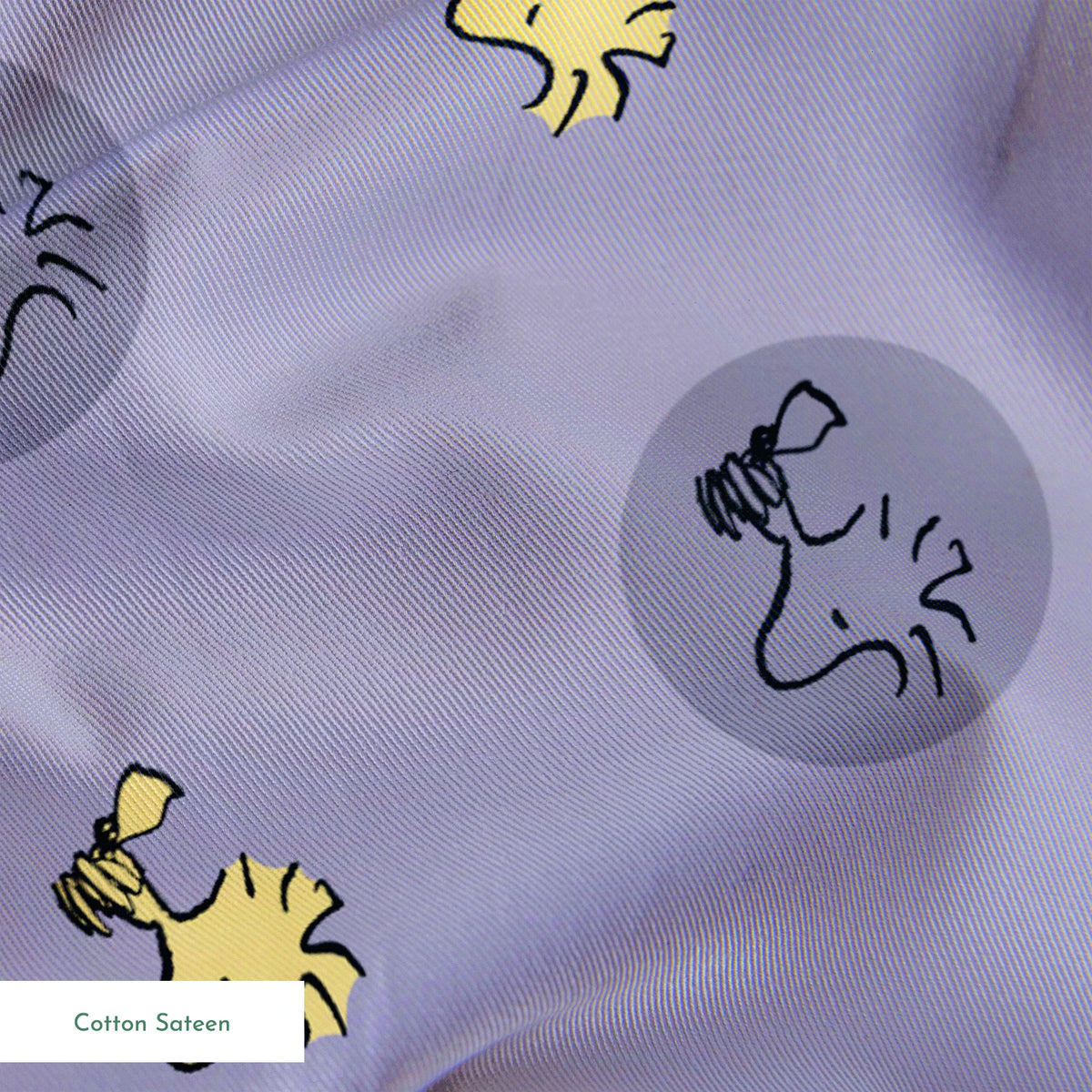 Woodstock alternating with gray circular silhouettes on purple background springs sateen texture