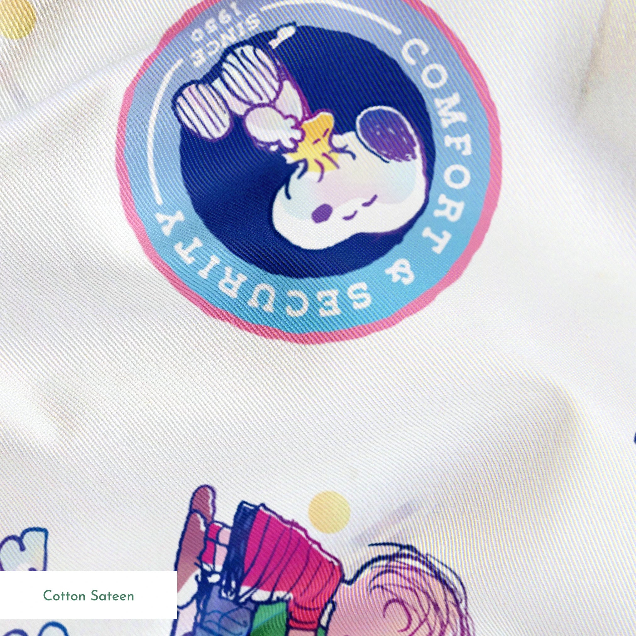 Peanuts cartoon pattern with Snoopy in blue circles and Charlie Brown with books on white background springs sateen texture