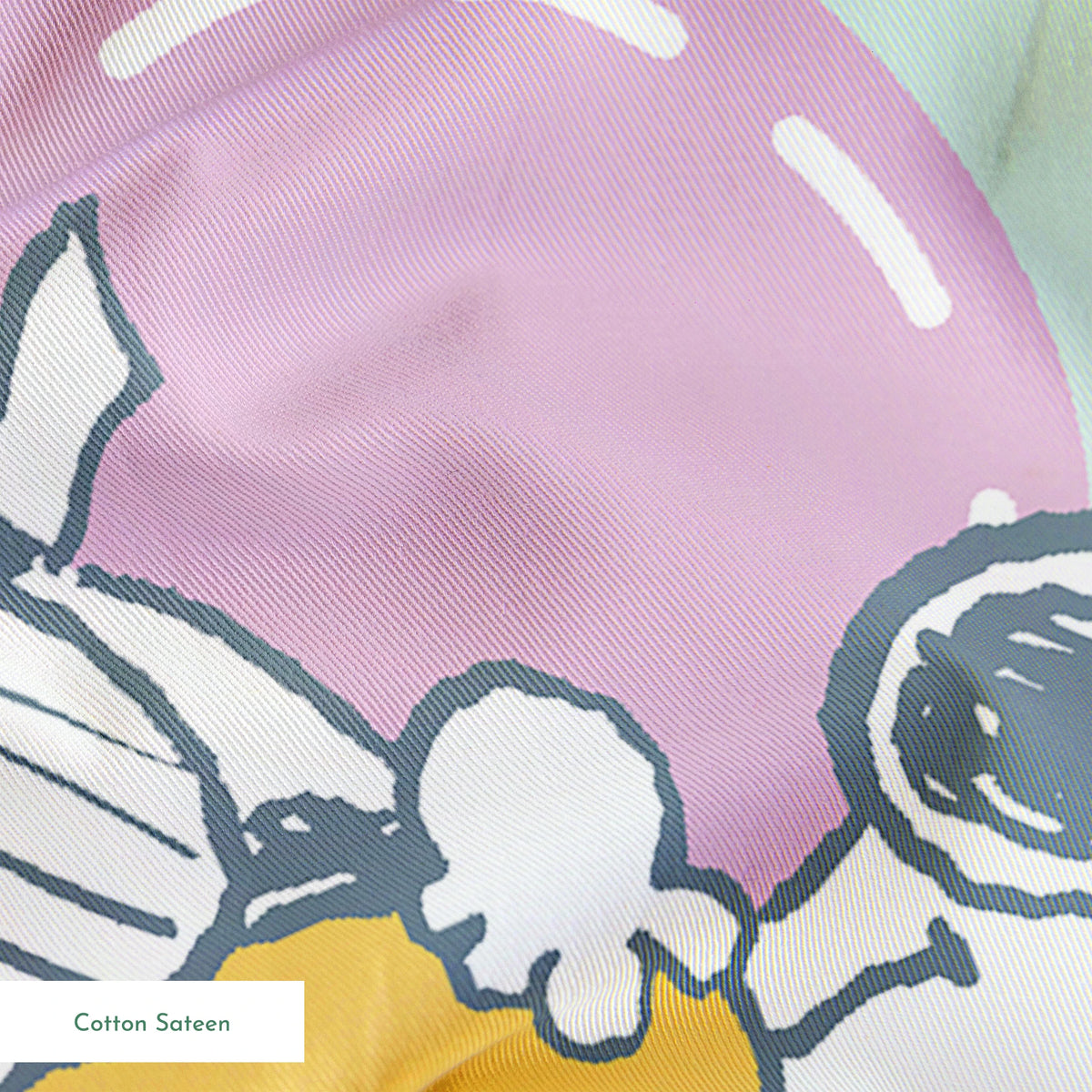 Cartoon Snoopy pattern with colorful hearts on mint green background, featuring different Snoopy poses springs sateen texture