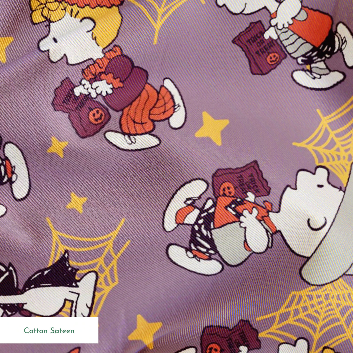 Snoopy and Peanuts characters in fall outfits with pumpkins and stars on purple background springs sateen texture