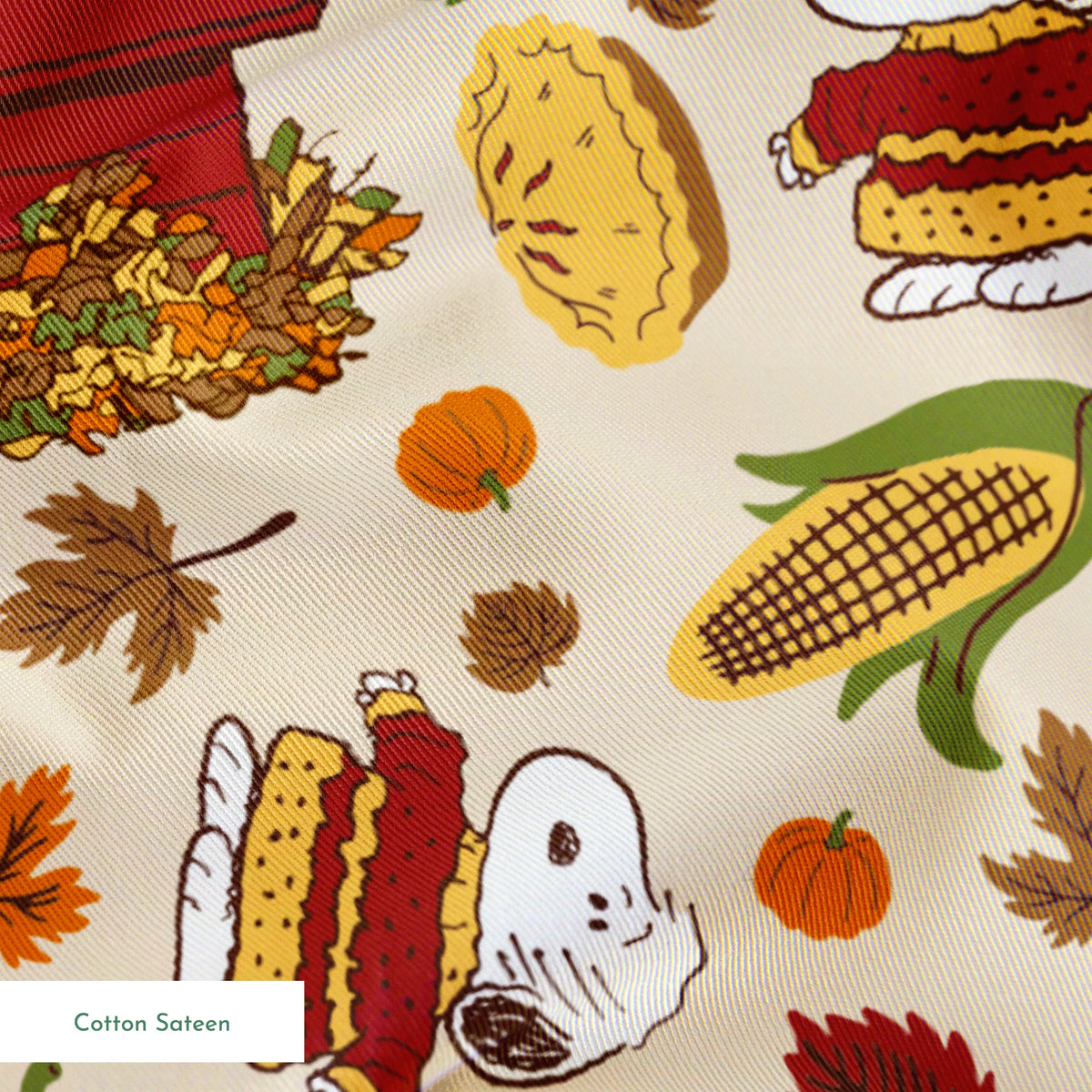 Fall themed pattern with Snoopy, red doghouses, pumpkins, corn, sandwiches, and autumn leaves on cream background springs sateen texture