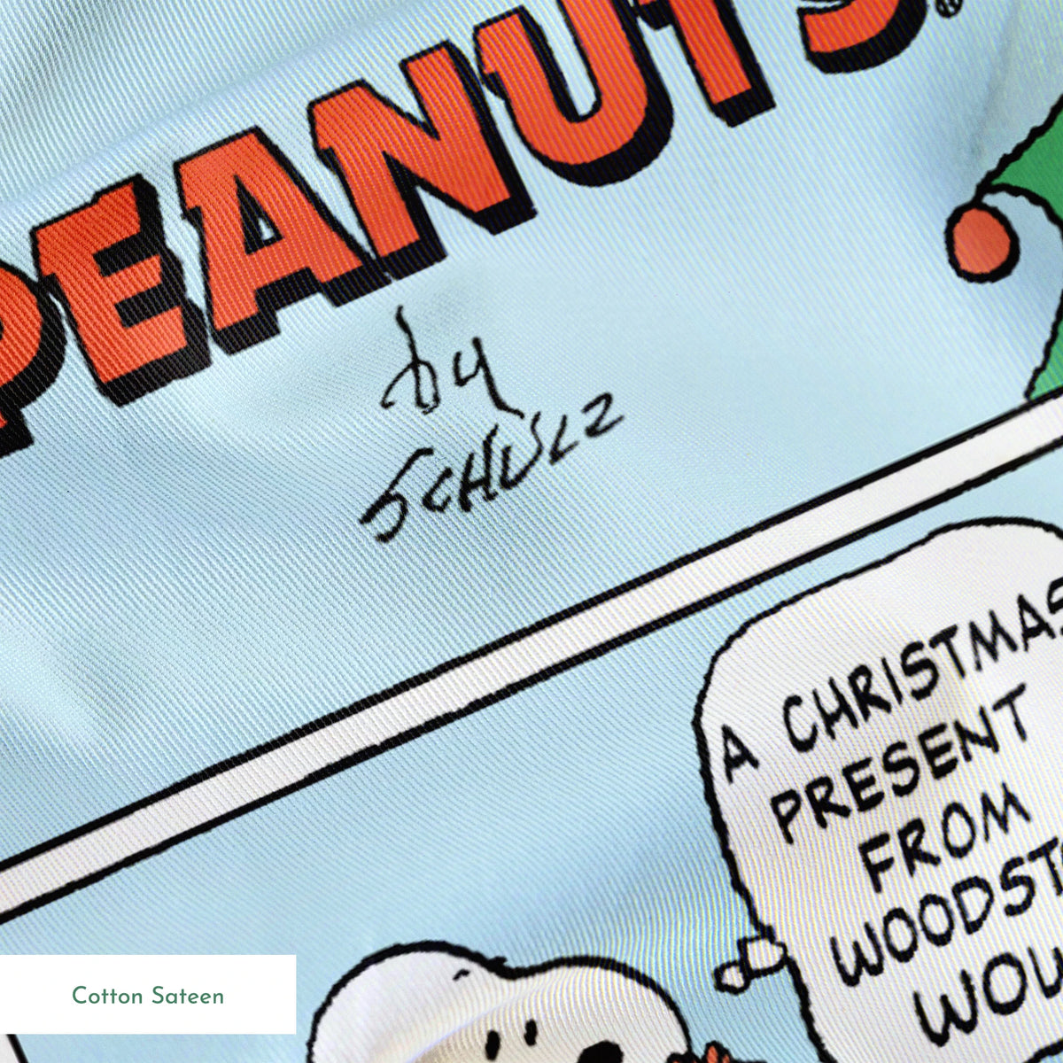 This is a Peanuts comic strip featuring Snoopy on his red doghouse with a Christmas tree visible. The panels show Snoopy preparing and decorating his doghouse for the holidays, with his yellow bird friend Woodstock appearing in a nest with Christmas lights. springs sateen texture