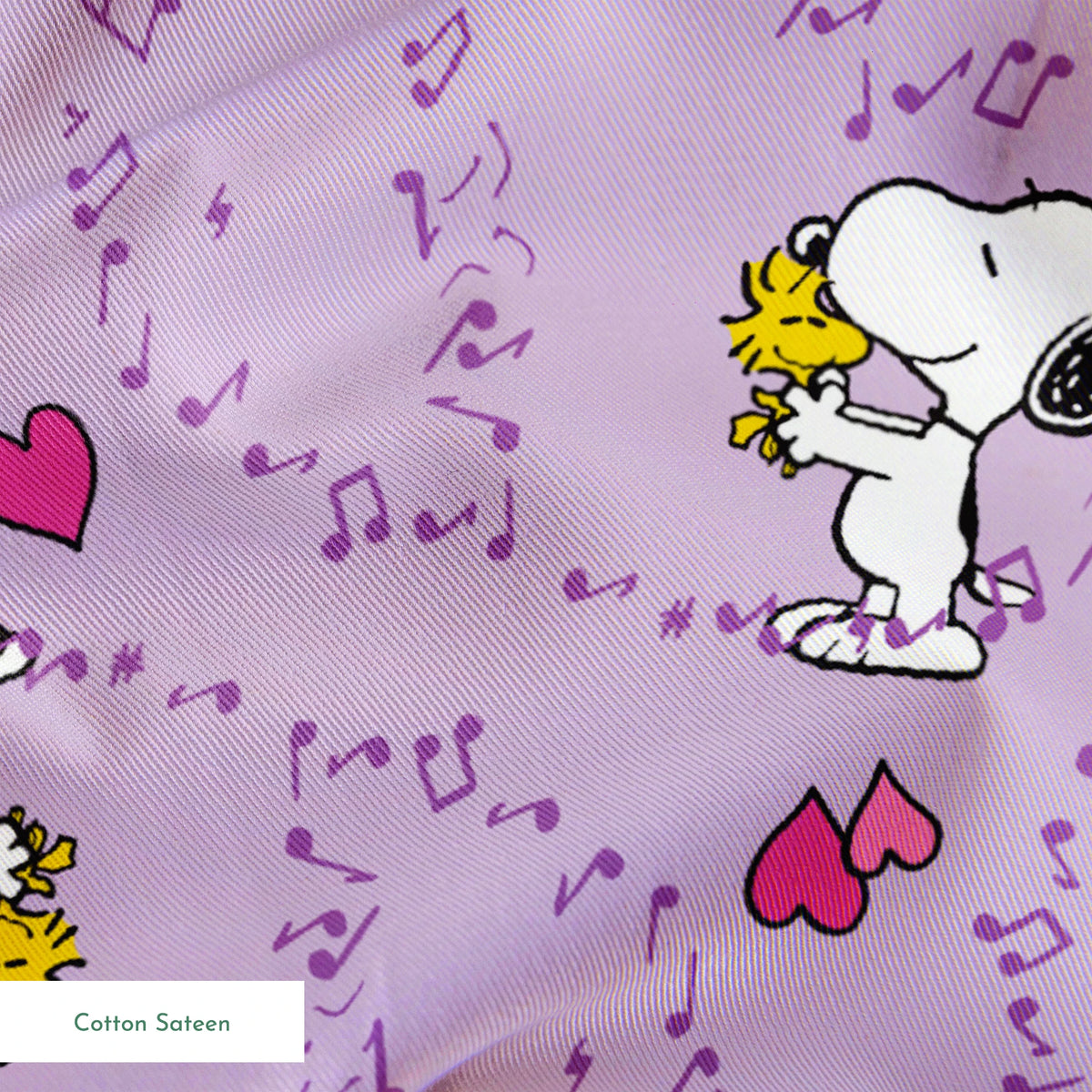 Snoopy and Woodstock on purple background with pink hearts and music notes springs sateen texture