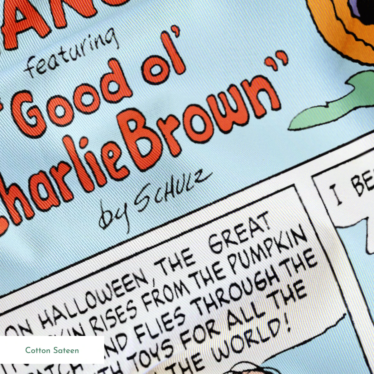 Peanuts comic strip featuring "Great Pumpkin" Halloween storyline with cartoon children and jack-o'-lantern imagery across multiple panels. springs sateen texture