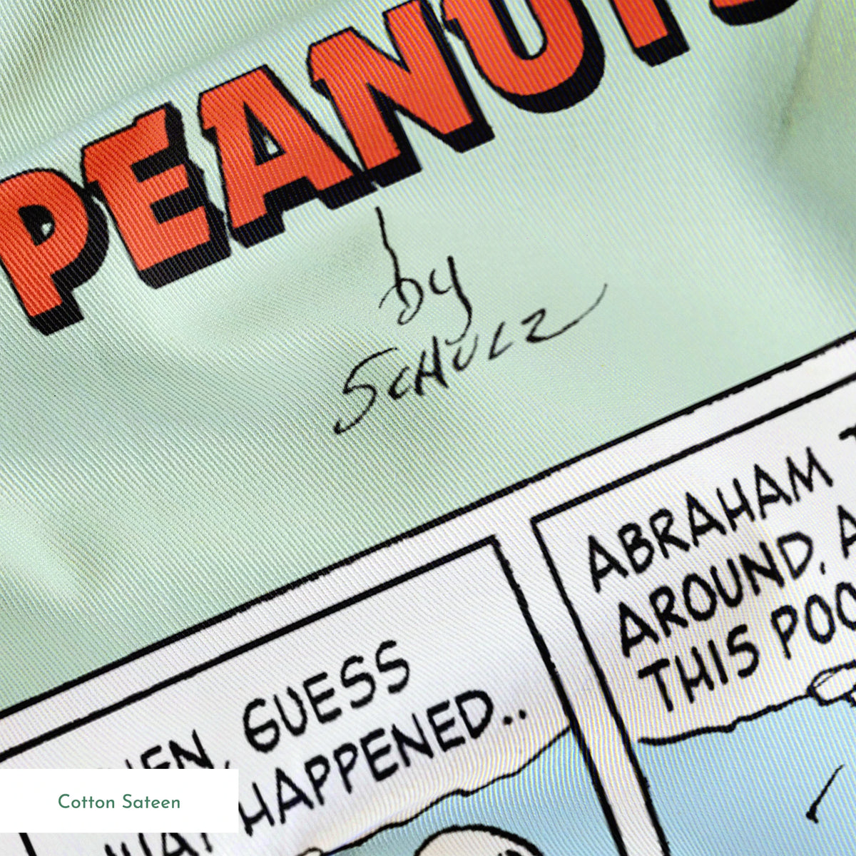 A Peanuts comic strip featuring Snoopy on his red doghouse, shown in multiple panels with Thanksgiving and food-related humor throughout the colorful Sunday format. springs sateen texture