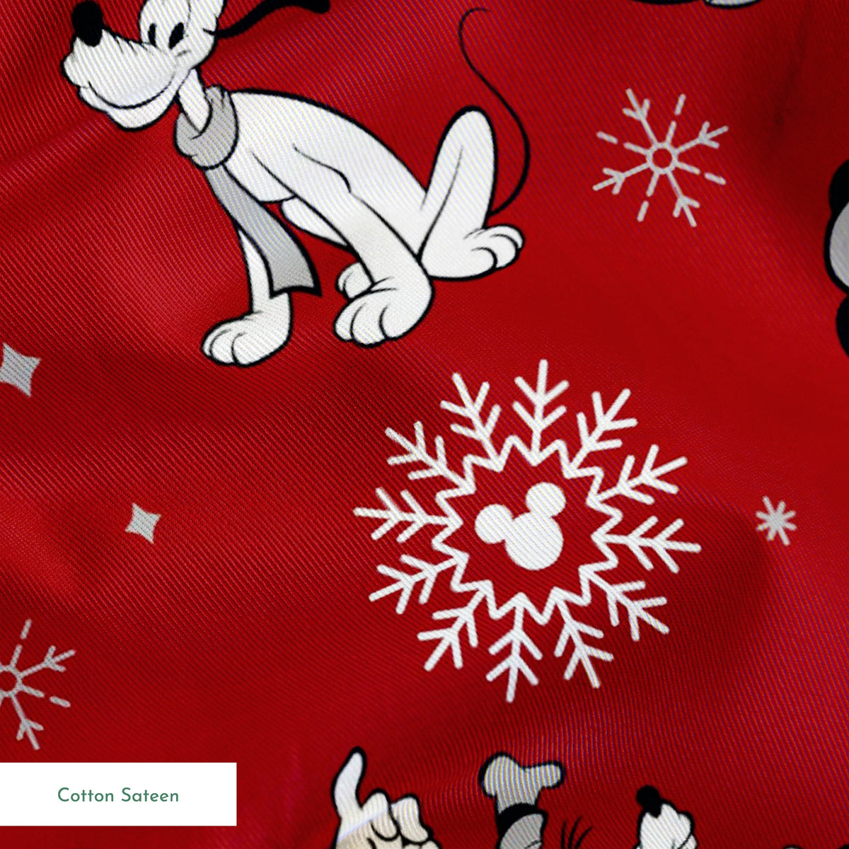 Christmas pattern with Disney characters and snowflakes on red background springs sateen texture