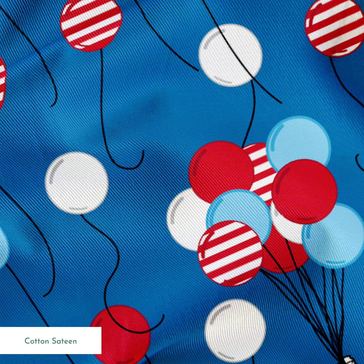 Snoopy patriotic blue pattern with red, white, and blue balloons and stars in American flag style springs sateen texture