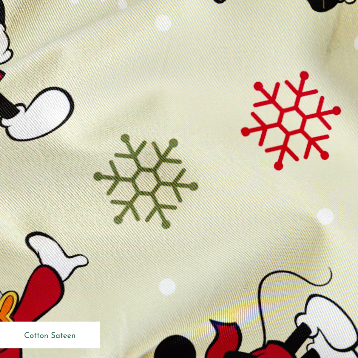 Holiday-themed cartoon mouse pattern with classic characters in red outfits on beige background with snowflakes. springs sateen texture
