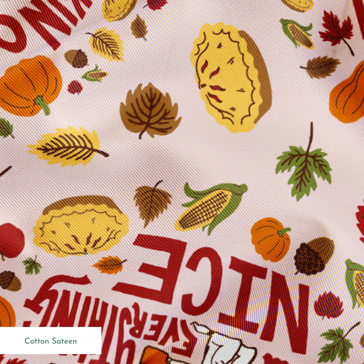 Fall Peanuts pattern with pumpkin spice phrases, autumn leaves, pumpkins, pine cones and Snoopy characters on a beige background springs sateen texture