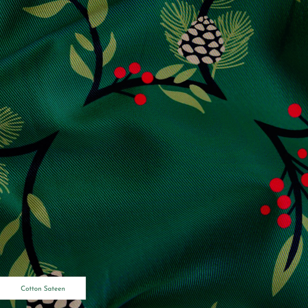 Holiday pattern with green wreaths, pinecones, red berries and white snowflakes on dark green background springs sateen texture