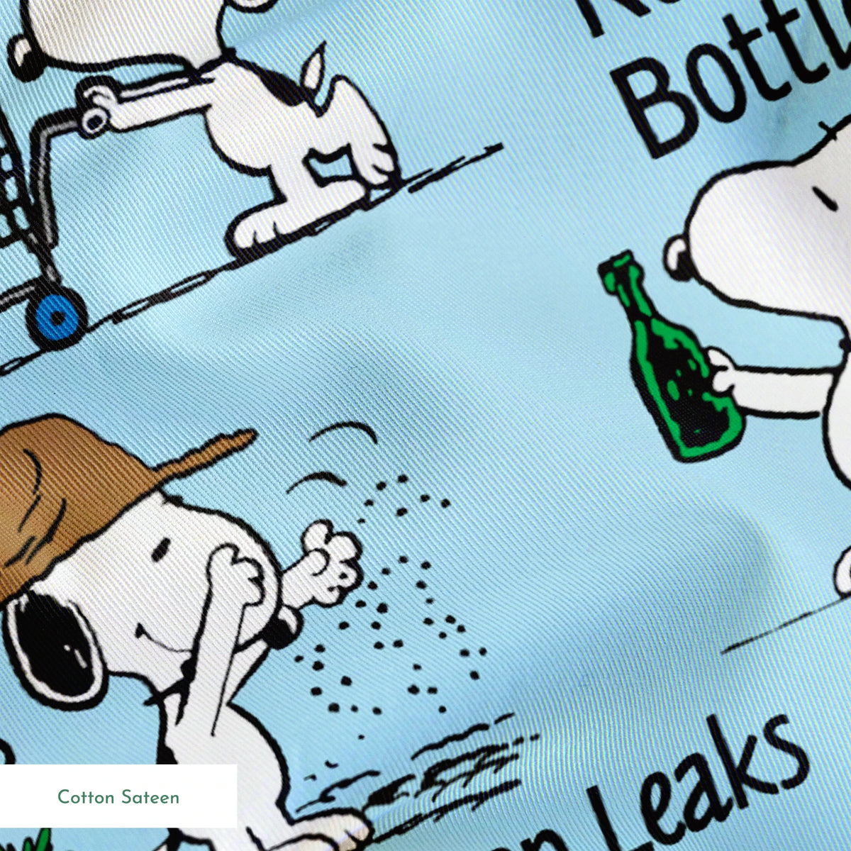 Snoopy cartoon dog in environmental scenes with Earth graphic and eco-friendly messages like "Plant a Tree" and "Recycle springs sateen texture