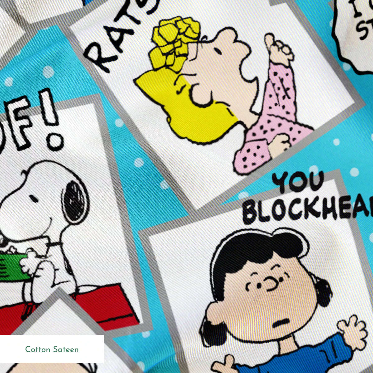 Peanuts comic characters in various expressions - Snoopy saying "WOOF!", speech bubbles with "RATS!", "I CAN'T STAND IT!", "YOU BLOCKHEAD!" and "GOOD GRIEF! springs sateen texture