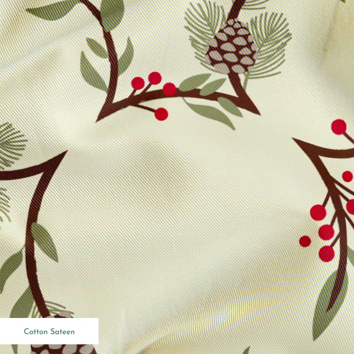 Holiday pattern with pine wreaths, red berries, and white snowflakes on light green background springs sateen texture