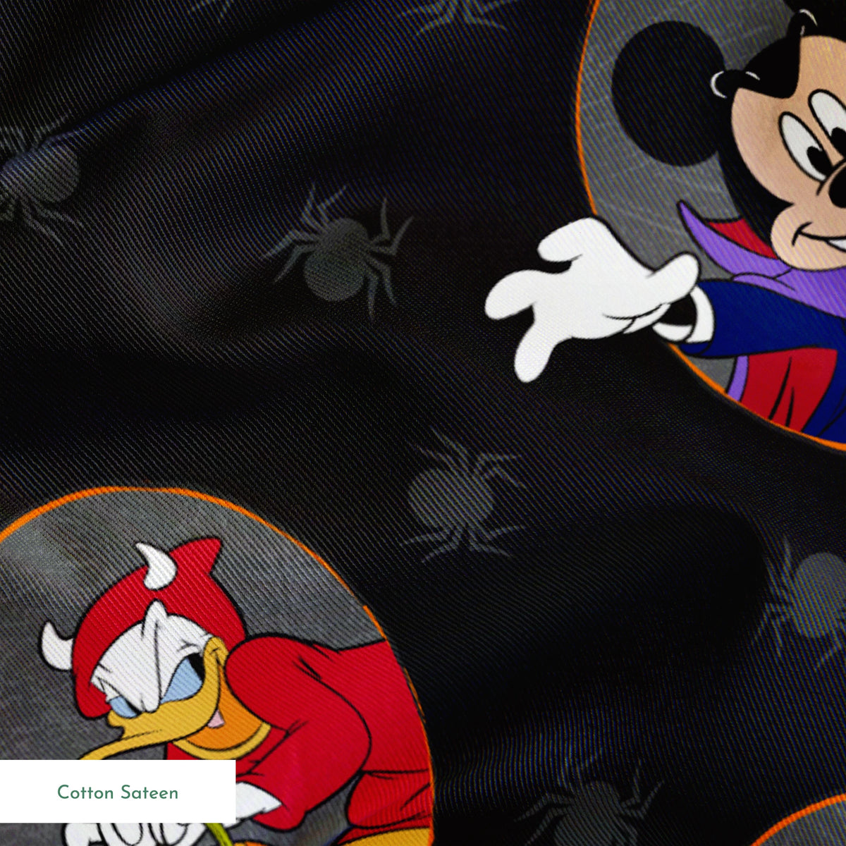 Disney characters in Halloween costumes on black background with spider pattern. Mickey as vampire, Donald with pumpkin, Pluto with candy. springs sateen texture