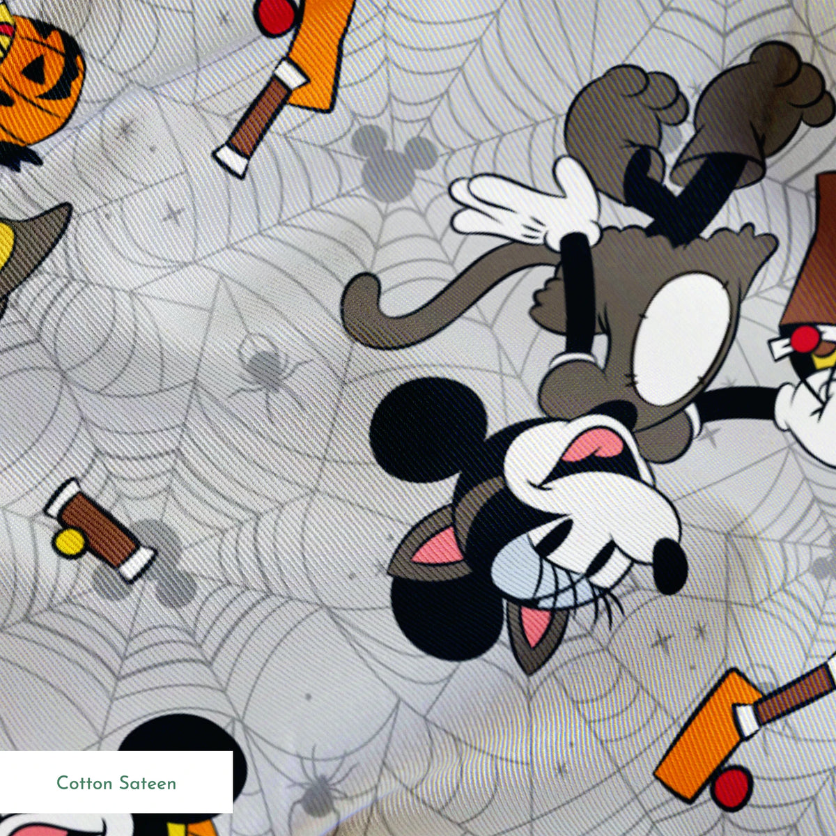 Disney characters on gray spider web pattern with candy corn scattered throughout, Halloween themed design. springs sateen texture