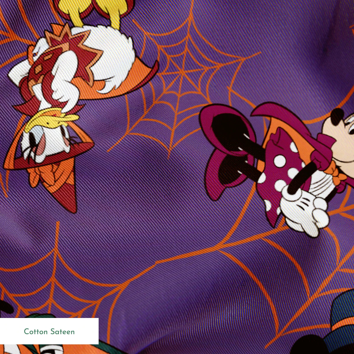 Disney cartoon characters in Halloween costumes on purple background with orange spider webs springs sateen texture