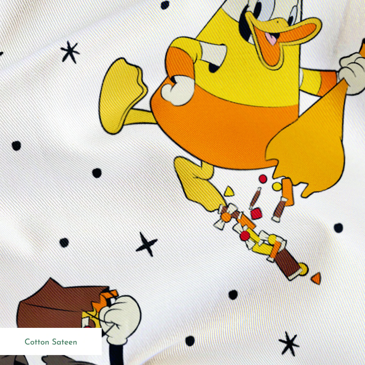 Disney characters in Halloween costumes on white background with stars - Mickey, Pluto, and friends in festive attire springs sateen texture