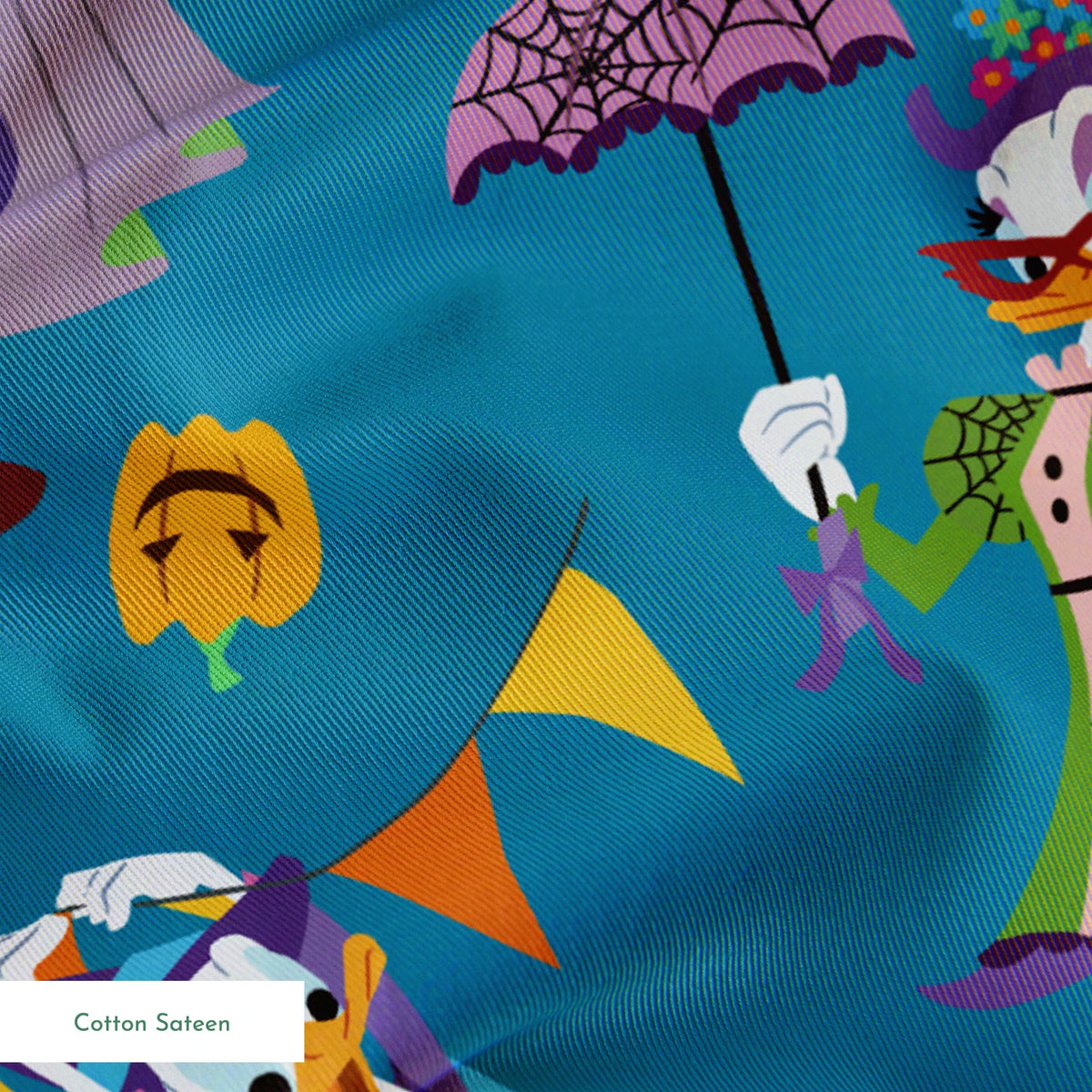Whimsical Halloween pattern with Disney characters in costumes, pumpkins, and orange bunting on teal background. springs sateen texture