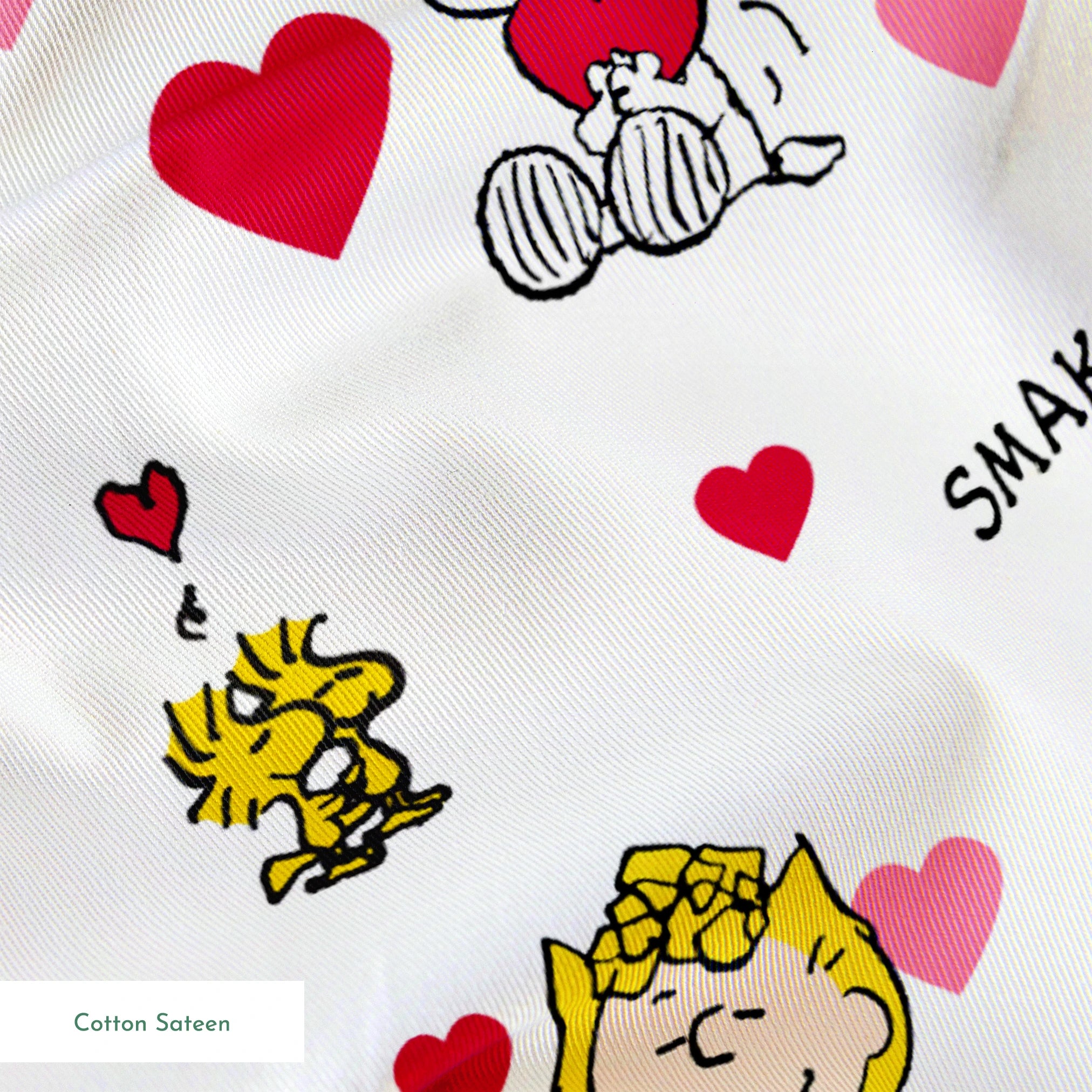 Peanuts cartoon characters with heart motifs, featuring Snoopy, Woodstock, and others in a Valentine's theme springs sateen texture