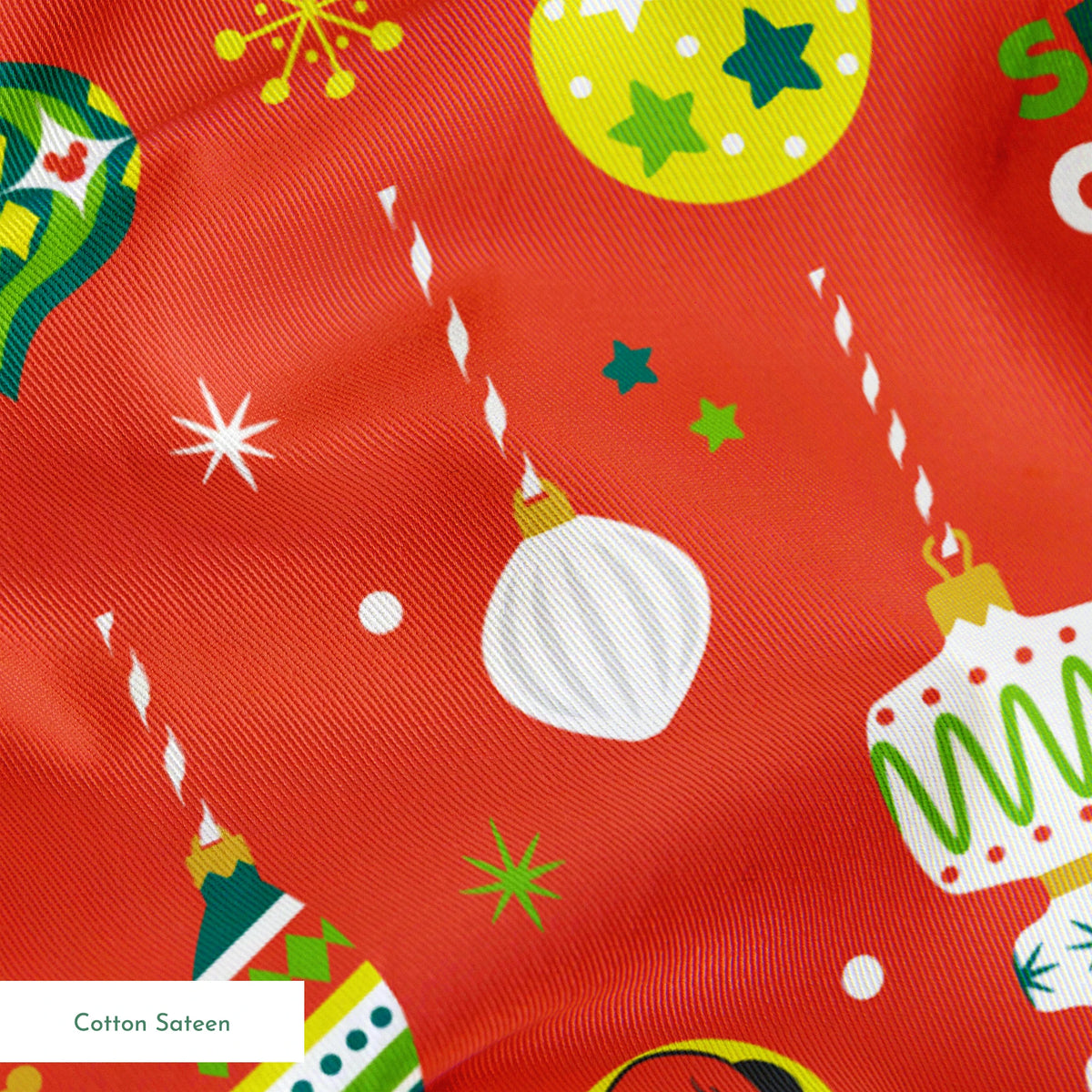 Christmas ornament pattern with colorful baubles, bells, snowflakes and Mickey Mouse characters on bright red background springs sateen texture