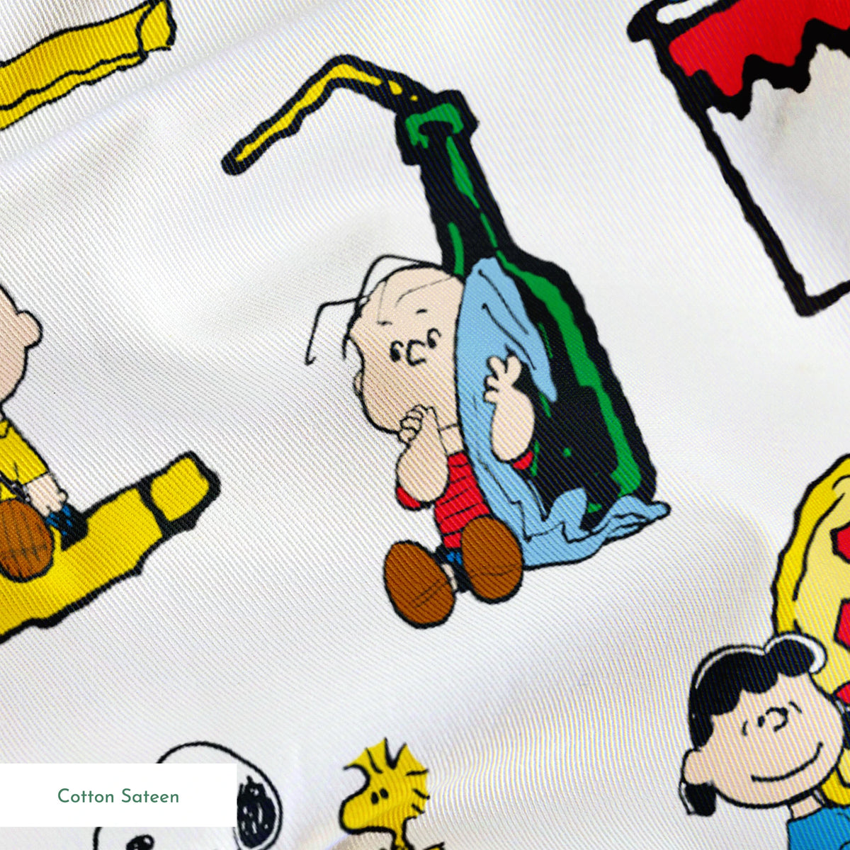 Peanuts cartoon characters with pizza, hot dogs, and "SLURP" text in a repeating pattern springs sateen texture