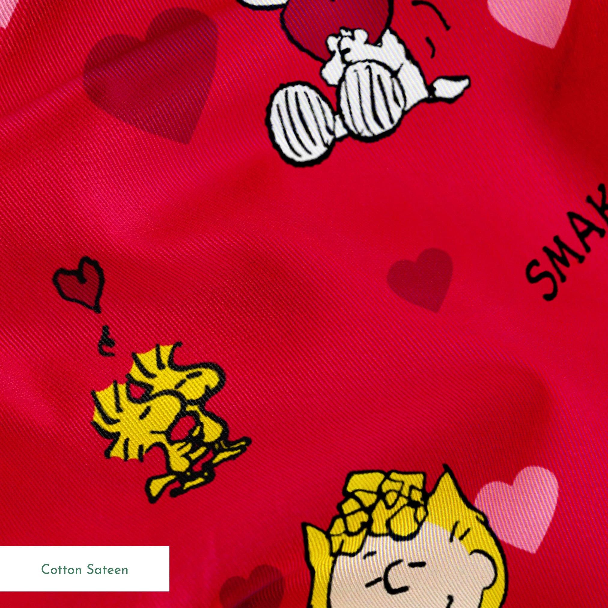 Peanuts characters on red background with hearts; Snoopy, Woodstock, and others in Valentine's theme springs sateen texture