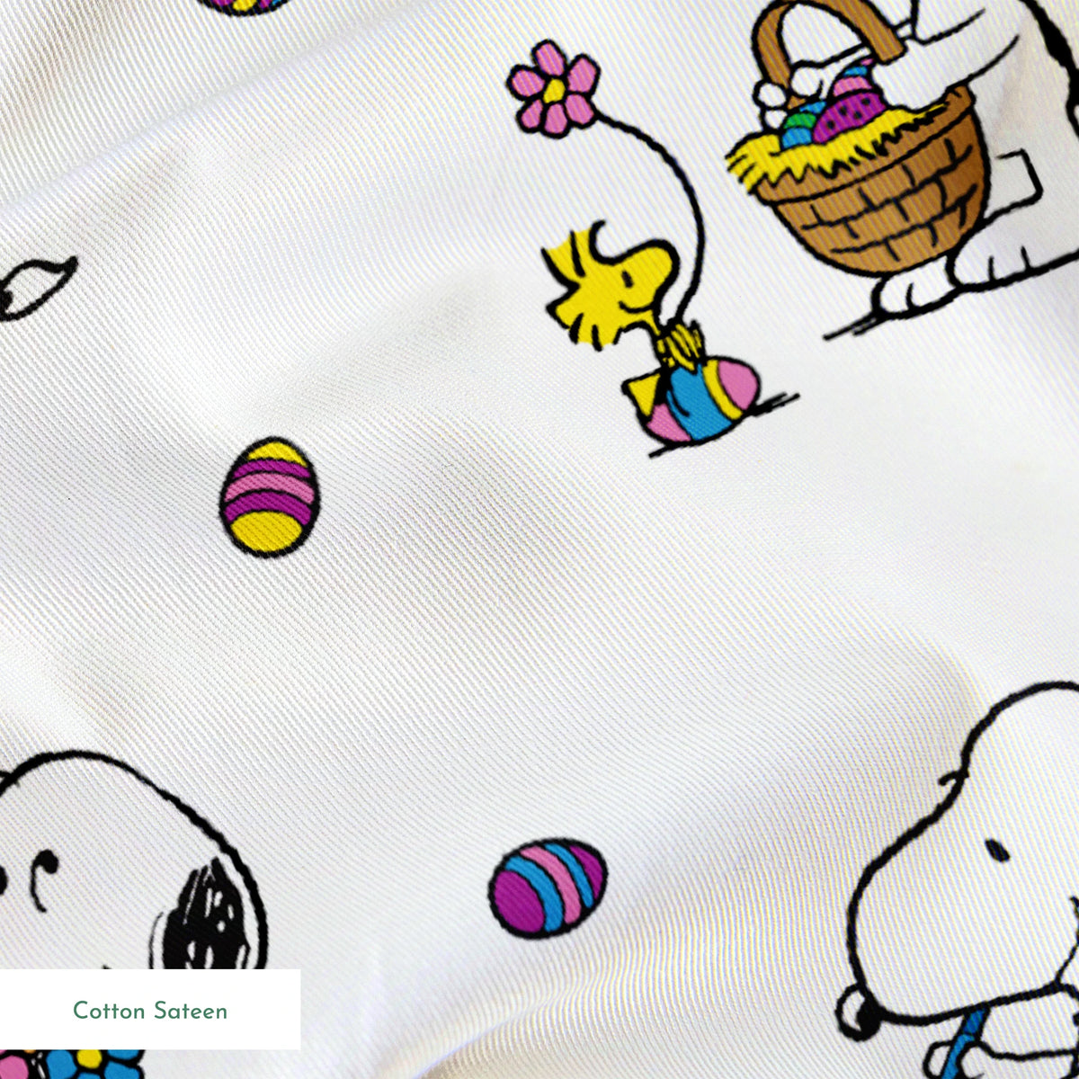 Cartoon pattern with Snoopy and Woodstock celebrating Easter with colorful eggs and baskets on white background springs sateen texture