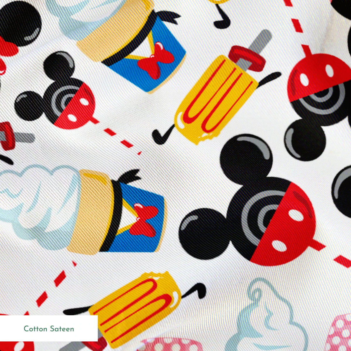 Disney-inspired pattern with ice cream cones and colorful swirled decorative elements on white background springs sateen texture