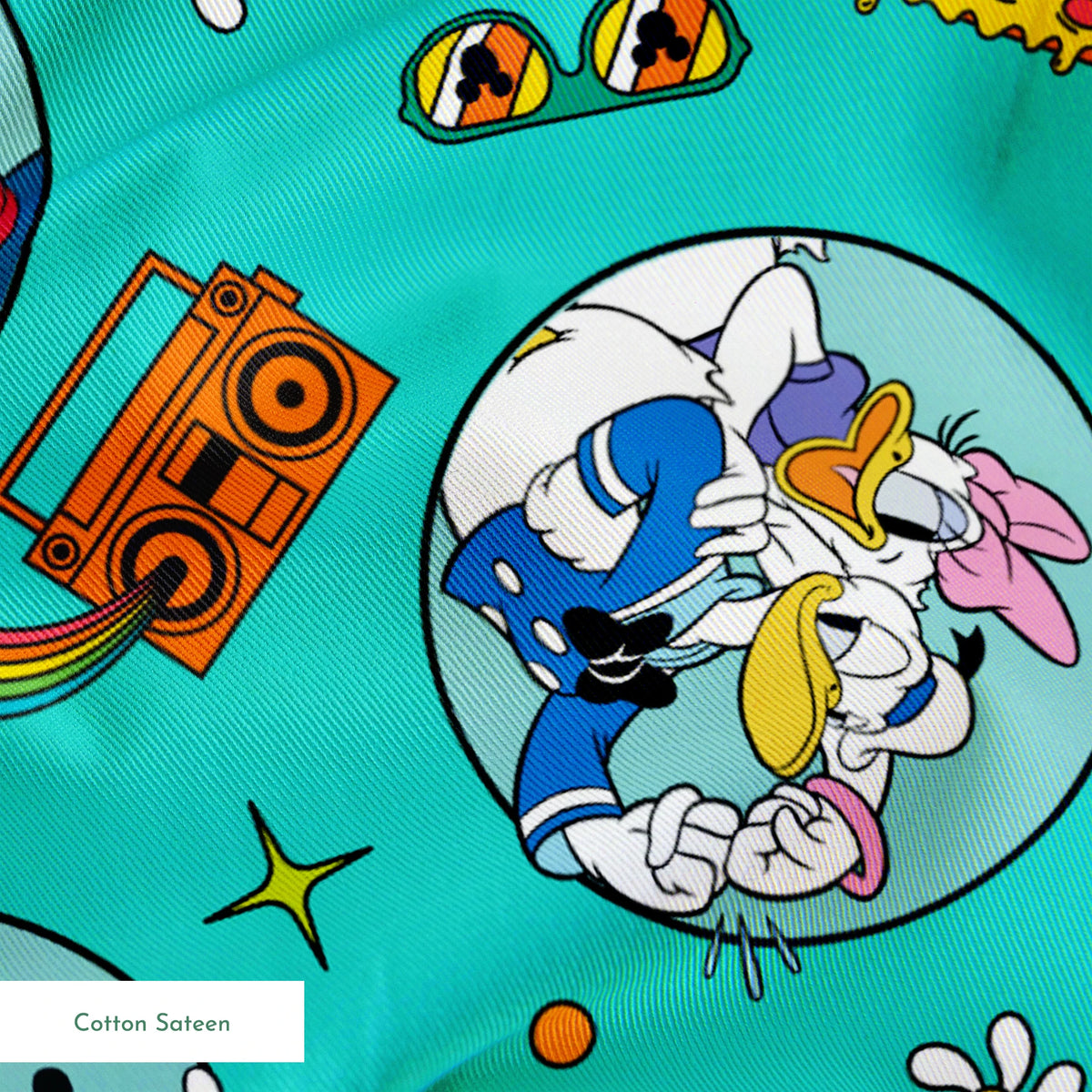 Colorful Mickey Mouse and friends pattern with pizza, boomboxes, sunglasses on teal background springs sateen texture
