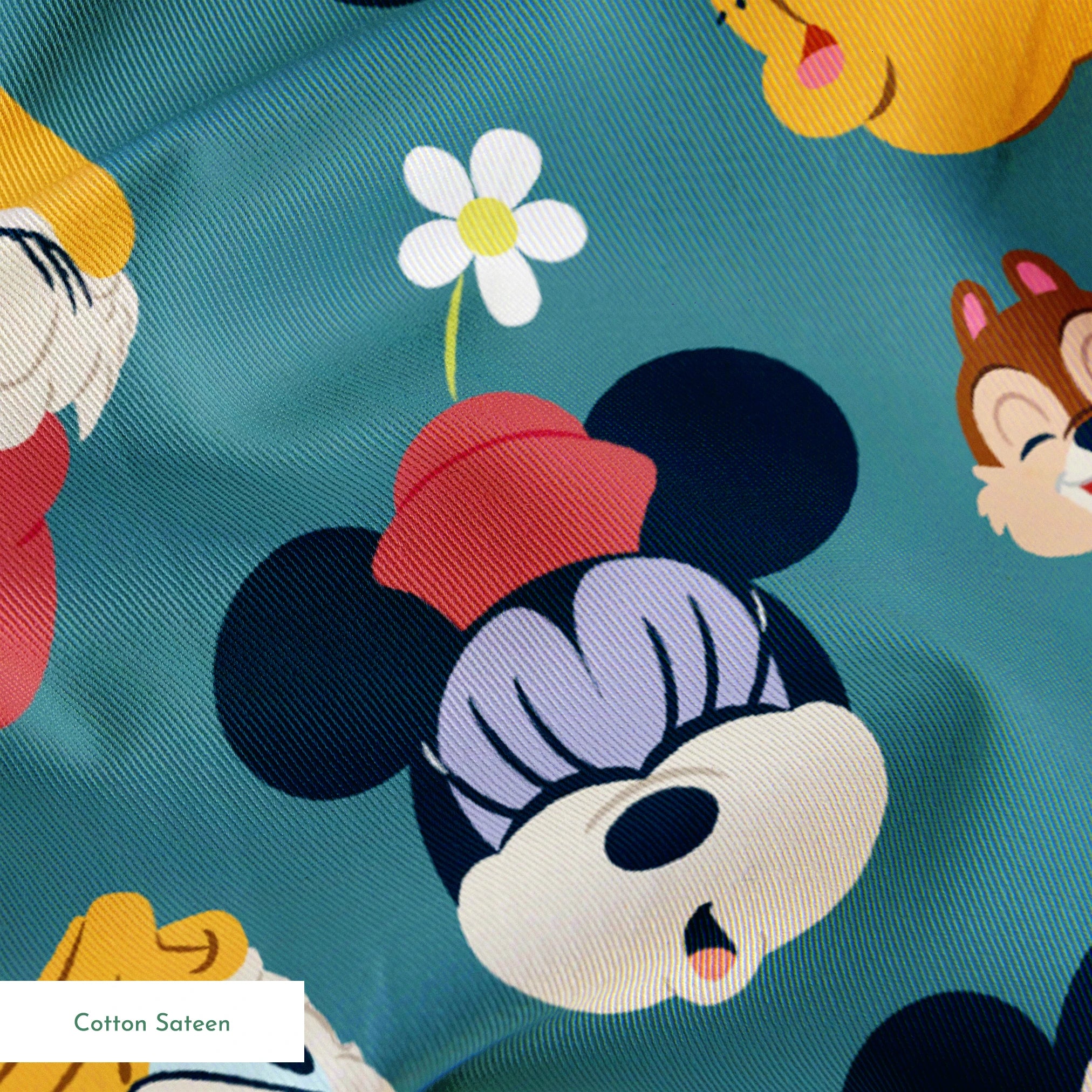 Disney cartoon characters pattern with Mickey Mouse, Donald Duck, and Pluto on teal background with small flowers springs sateen texture