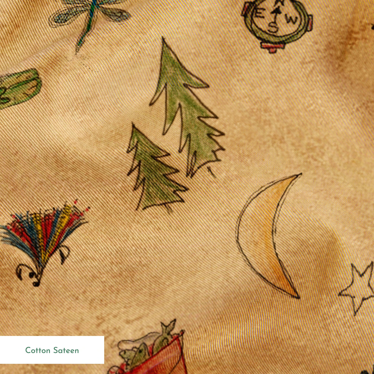 Outdoor camping pattern with tents, trees, lanterns, and nature elements on beige background springs sateen texture