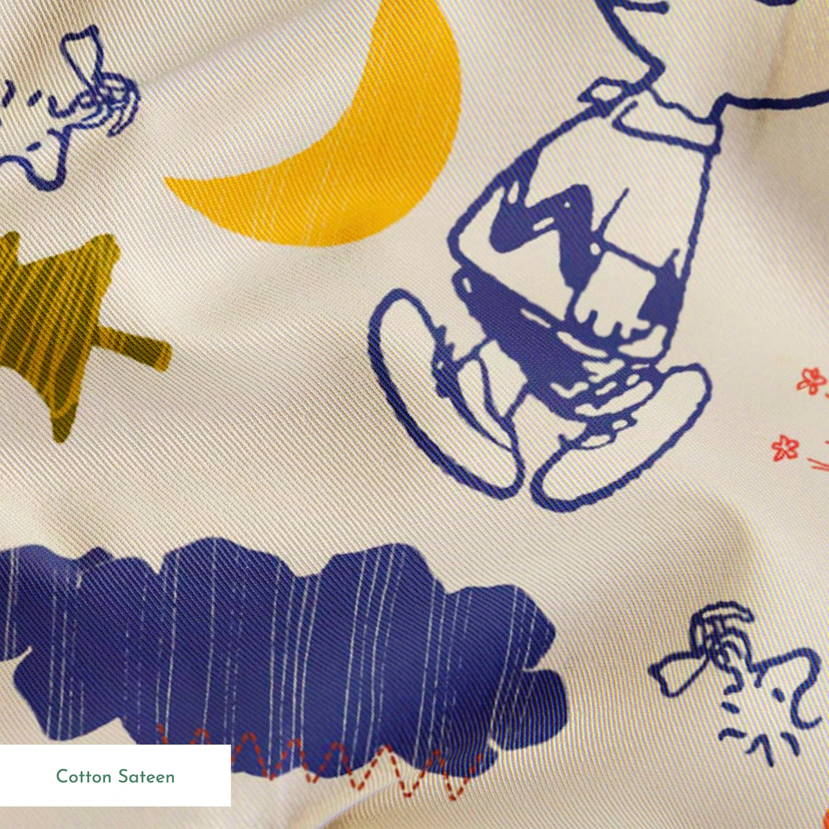 Whimsical Peanuts pattern with trees, clouds, moon, and birds in blue, red, green, and yellow on cream background. springs sateen texture