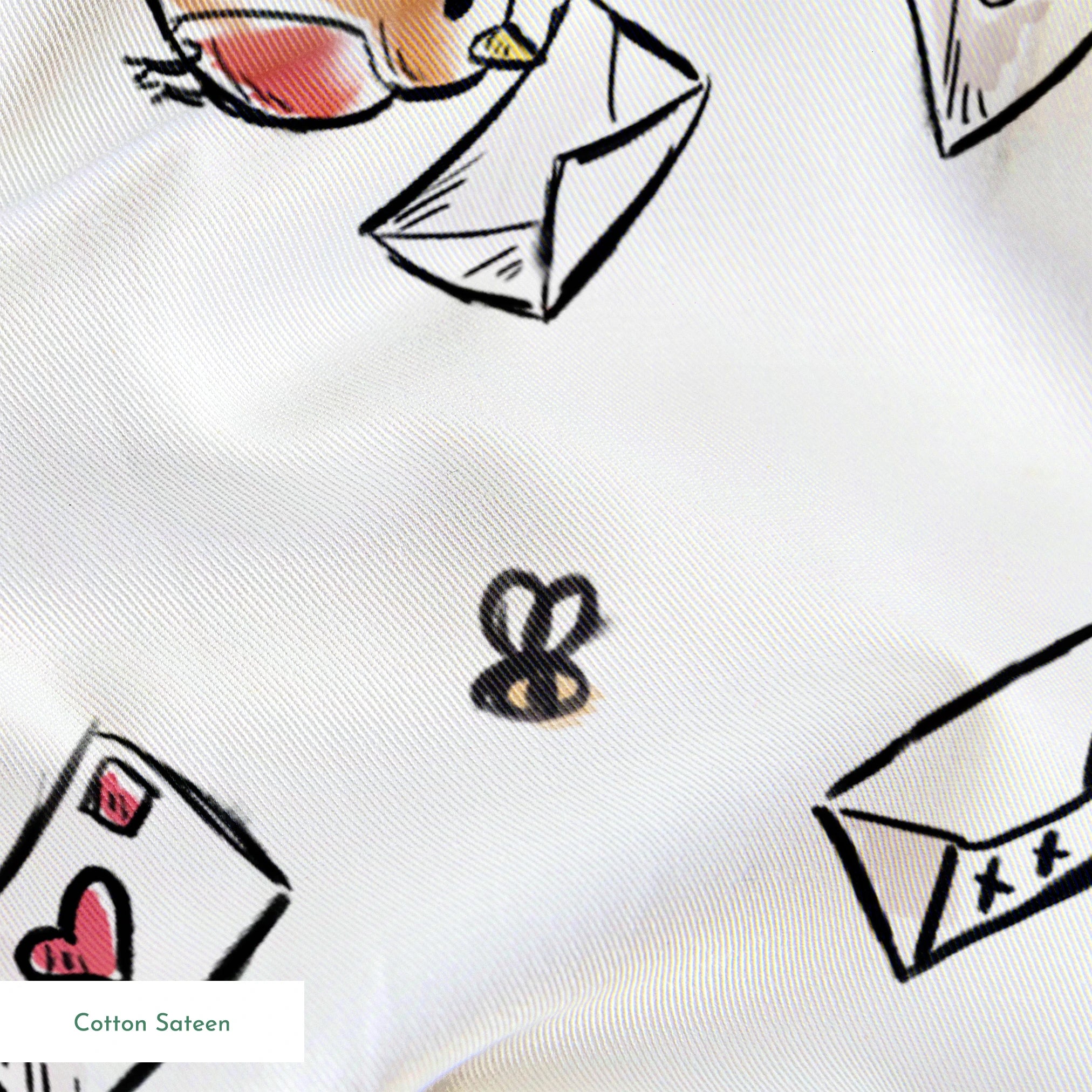 Winnie the Pooh characters with flying letters and envelopes on white background, whimsical illustration style springs sateen texture