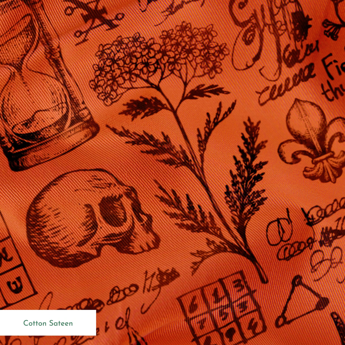 Red-orange Halloween background with vintage alchemical drawings, botanical sketches, symbols, handwritten notes, and mystical elements arranged like an ancient manuscript page. springs sateen texture